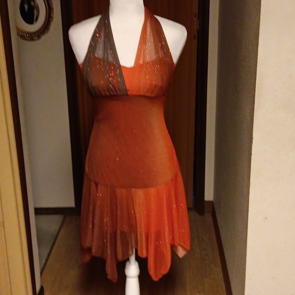 YS RED AND BLACK SPARKLE ASYMMETRICAL HALTER DRESS